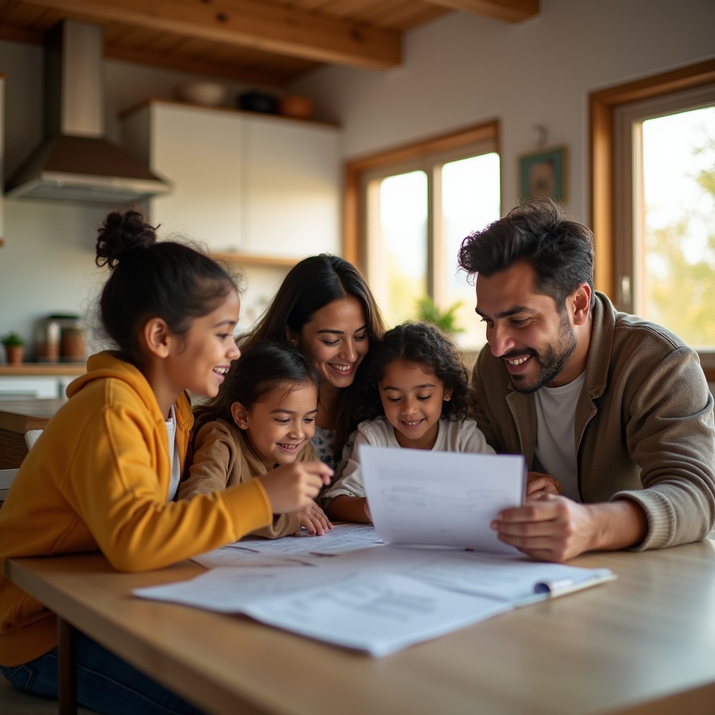 Mexican family reviewing service bills