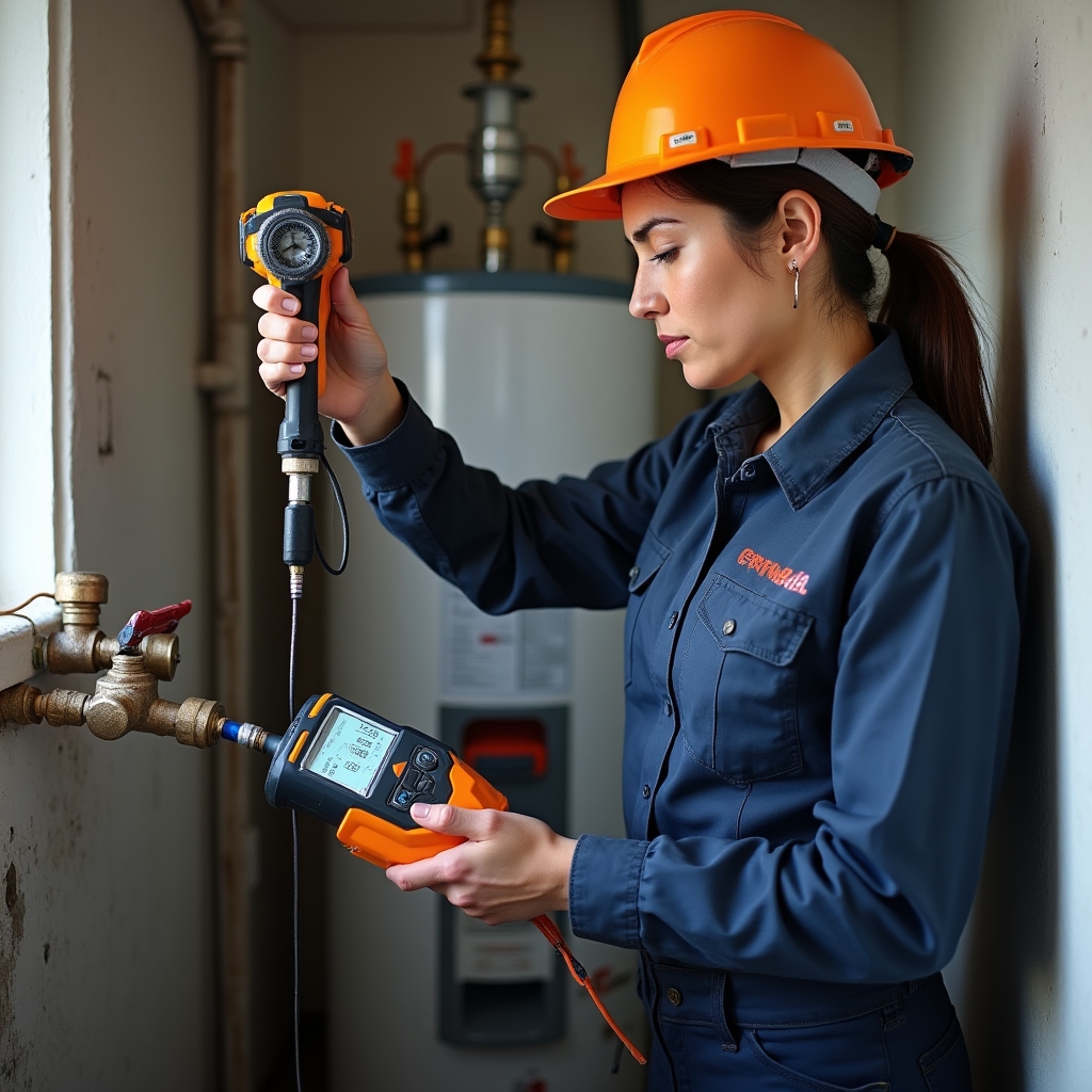Technician performing leak detection with specialized equipment